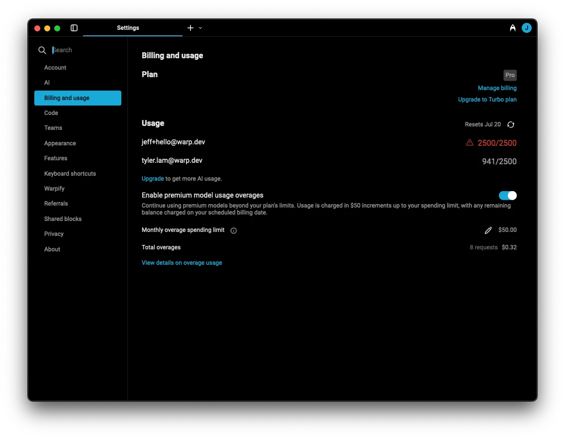 Billing and usage tab in settings, where admins can manage premium model usage overages